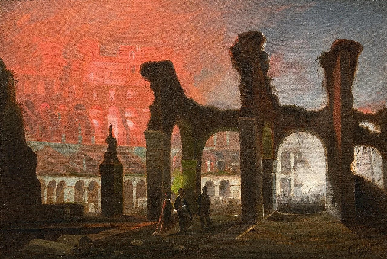 L'interno del Colosseo illuminato dai fuochi d'artificio
